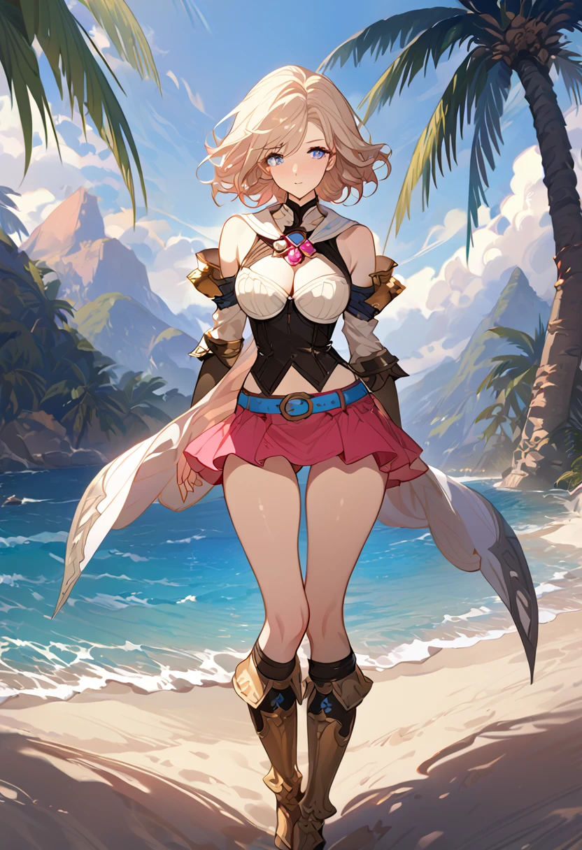 masterpiece, best quality, 8k, 4k, 1girl, ashelia final fantasy xii, Ashelia, short hair, pale blonde hair, blue eyes, white detached sailor like collar, round brooch, gold brooch with pink and blue jewel, white shirt, longer side shirt, cleavage, midriff, detached sleeves, bracer, black corset, reddish pink skirt, microskirt, pink skirt, super tight skirt, blue belt, black high thigh with gold pattern , gold boots, slim body, looking at viewer, standing nicely, wind blowing, finely detailed eyes and detailed face, face detailed, hair detailed, clothes detailed, ((high quality)), extreme detail, beach sand, palm tree, calm water, high hills overlooking the sea, hollowed hills,  inspired by Asukaziye artist : ask, art style : ask