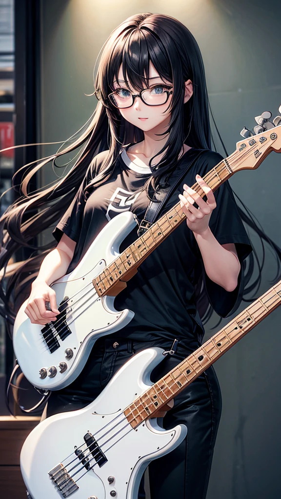 Bass guitar、Plain white T-shirt、Long Hair、Black trousers、Glasses、woman