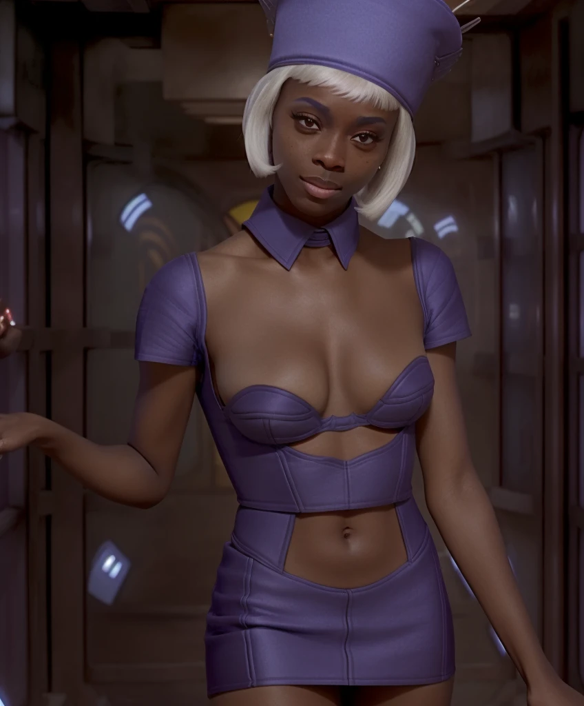 stewardess, 1girl, 19, dark skin, uniform, short skirt, in the style of fifth element, UHD, 8K, DSLR, intricate details, realistic, 