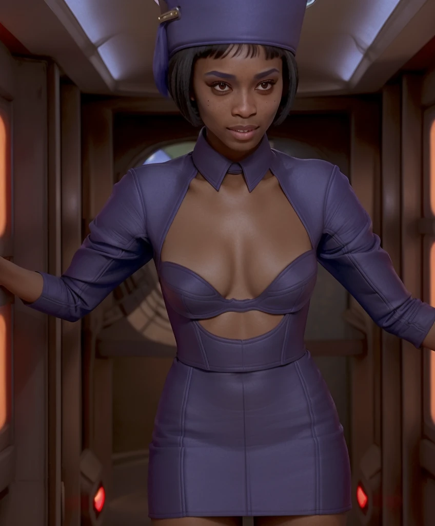 stewardess, 1girl, 19, dark skin, uniform, short skirt, in the style of fifth element, UHD, 8K, DSLR, intricate details, realistic, 