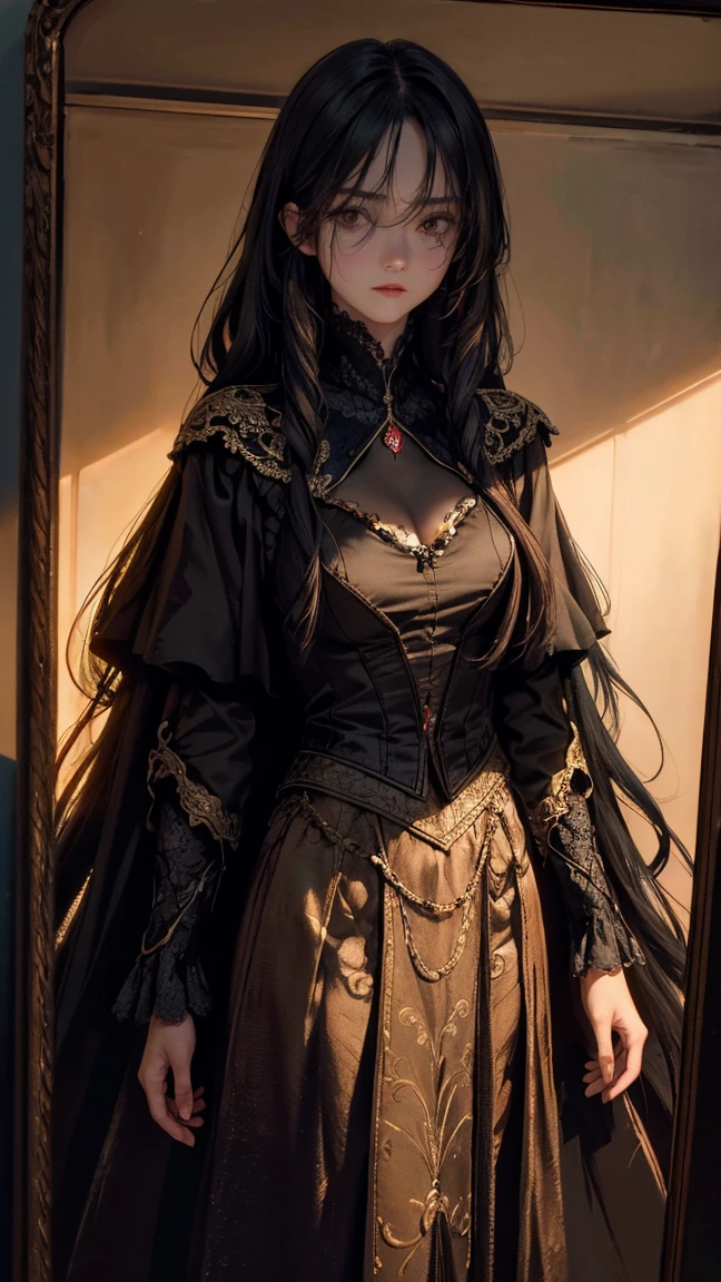 Highest quality, 4K, High resolution, masterpiece:1.2, Very detailed, Actual:1.37, Dark lighting,In a dark room, Confident and mysterious long-haired woman, Standing with a mirror, A shadow hangs over her face, Uneasy atmosphere、A fitting theme for dark psychology