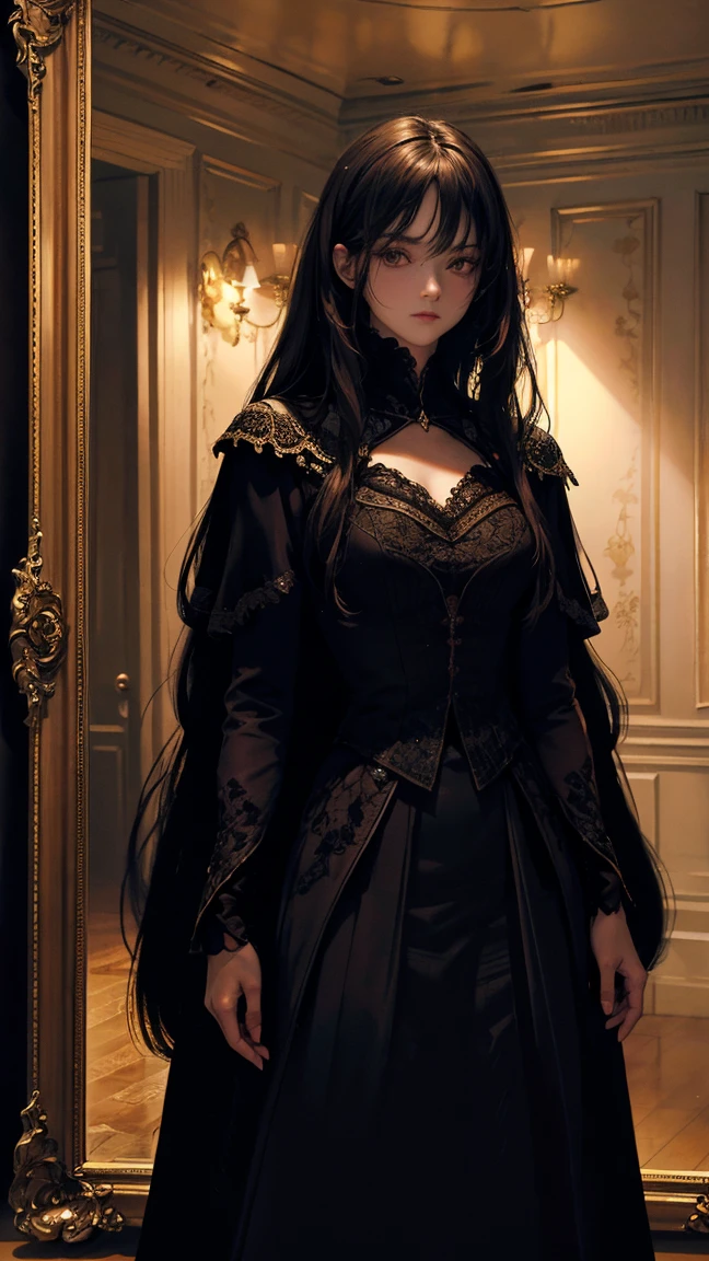 Highest quality, 4K, High resolution, masterpiece:1.2, Very detailed, Actual:1.37, Dark lighting,In a dark room, Confident and mysterious long-haired woman, Standing with a mirror, A shadow hangs over her face, Uneasy atmosphere、A fitting theme for dark psychology