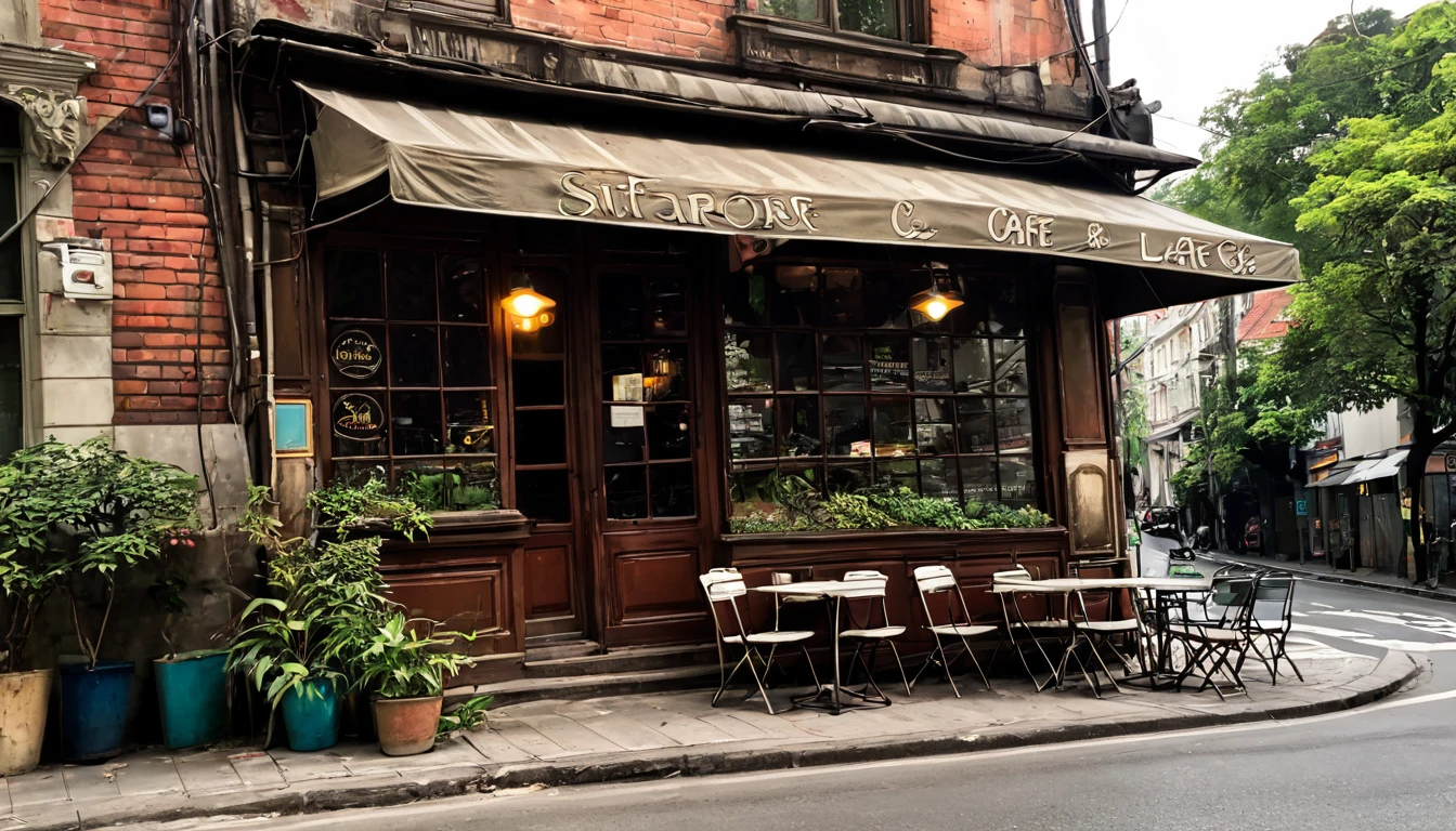 A beautiful old cafe in a corner of a road in a city . Inside that cafe all are nature loving thing.