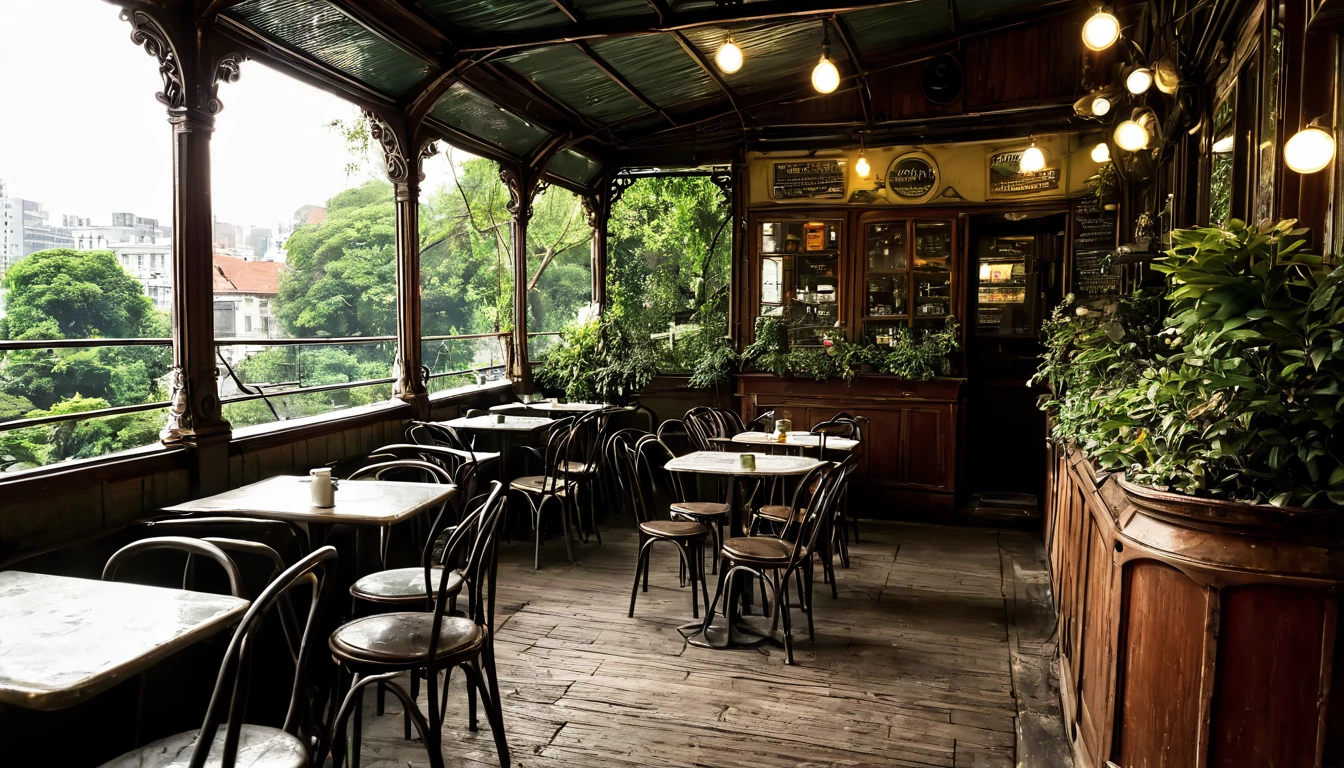 A beautiful old cafe in a corner of a road in a city . Inside that cafe all are nature loving thing.
