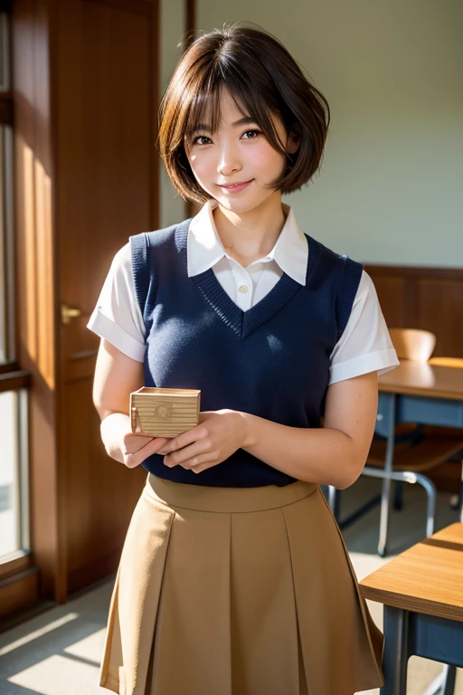 Highest quality, Face Focus, Soft Light, Ultra-high resolution, (Realistic:1.4), RAW Photos, 1 Japanese girl, alone, cute, (A shy smile:0.5), (Brown eyes, Light in your eyes), Beautiful face in every detail, (Small box),(High resolution detail of human skin texture), (Short Bob Hair), break, In the classroom,Navy uniform, Best, skirt