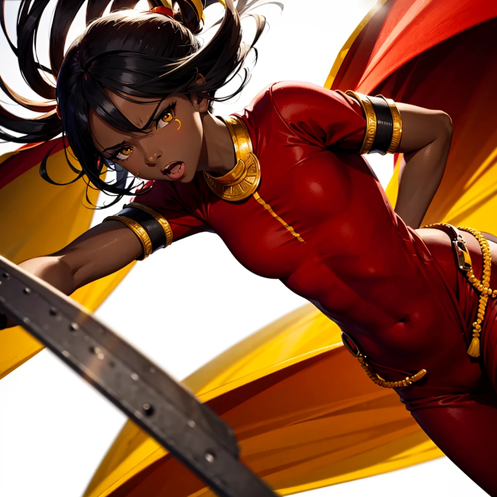 African woman, with angry face, red and yellow clothes, white background, rays in the background, wind in the background, light in the background