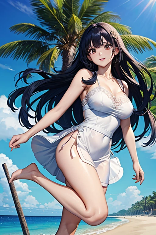 (Highest quality、masterpiece、High resolution、8K)、Vibrant colors、1 Female、Long black hair、Miho no Matsubara、Old Japan、Hagoromo Legend、whole body、barefoot、Beautiful woman in white lace dress jumps high、Official Art、The background is the sea、blue sky、Wide sandy beach、Large pine forest、