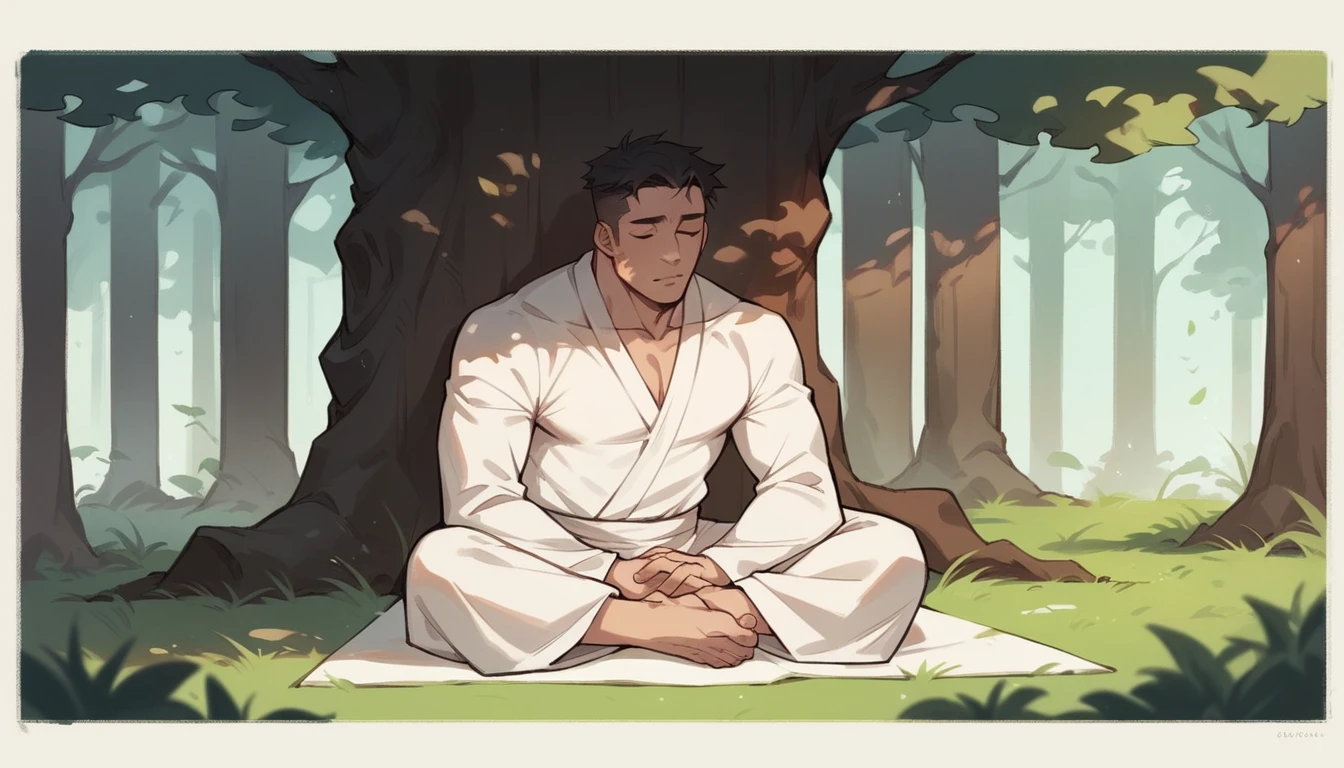 A picture of a man wearing white clothing meditating under a tree.