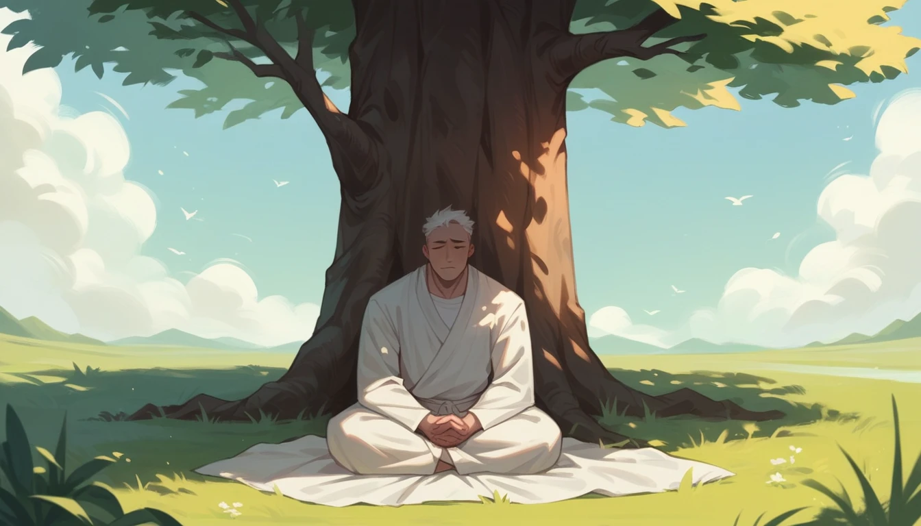 A picture of a man wearing white clothing meditating under a tree.