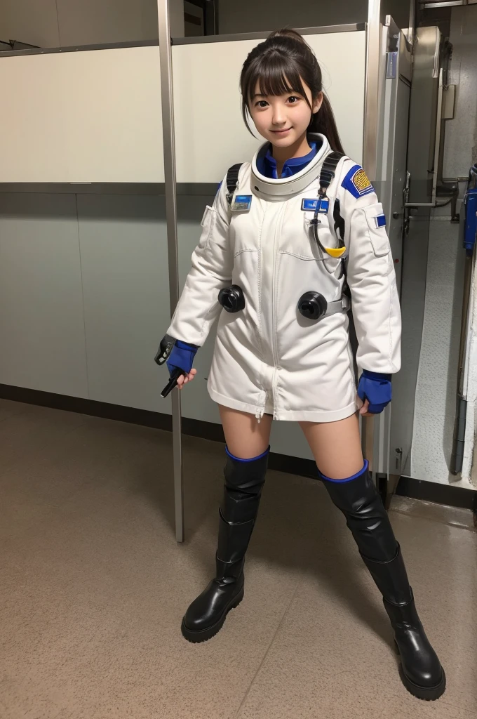 A Japanese high school girl standing in a tight space suit similar to a uniform and holding the control stick is wearing cool boots.