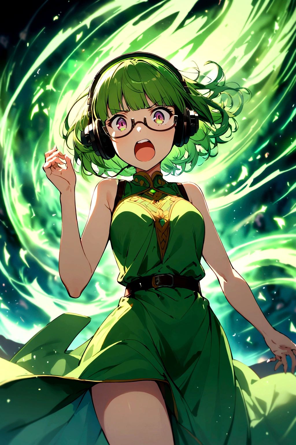 (extremely detailed fine touch:1.3), solo, (((semi-rimless eyewear:1.3))), (headphone:1.2), short hair, blunt bangs,bare arms,1 girl, green robe, standing,
A female archmage who thrusts her hand into the sky and releases a great spell of swirling wind, Motion-blur back ground,