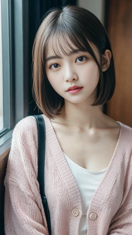 Tabletop, Highest quality, 8K, 20th generation, 大きな豊かなchest, cute, alone, sad, cute, girly, 20 year old Japanese sensitive girl, Pure beauty, RAW Photos, Professional photography, Portraiture, Soft Light, Professional Lighting, Backlight, Upper Body, avert your eyes, Sophisticated, Film Grain, (Eye and facial details:1.0), floating short hair, beautiful, Flowing Hair, bangs, Pink Cardigan、chest、 outside、Bright lighting
