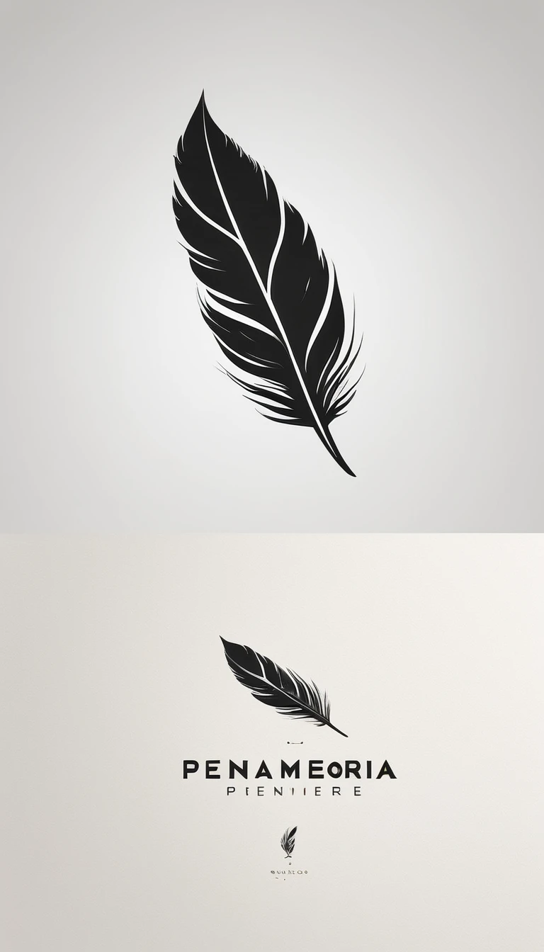 A minimal, modern, simple, cinematic logo design for the brand “Penamemoria". Create a modern, minimalistic, high-quality, logo of a bird feather