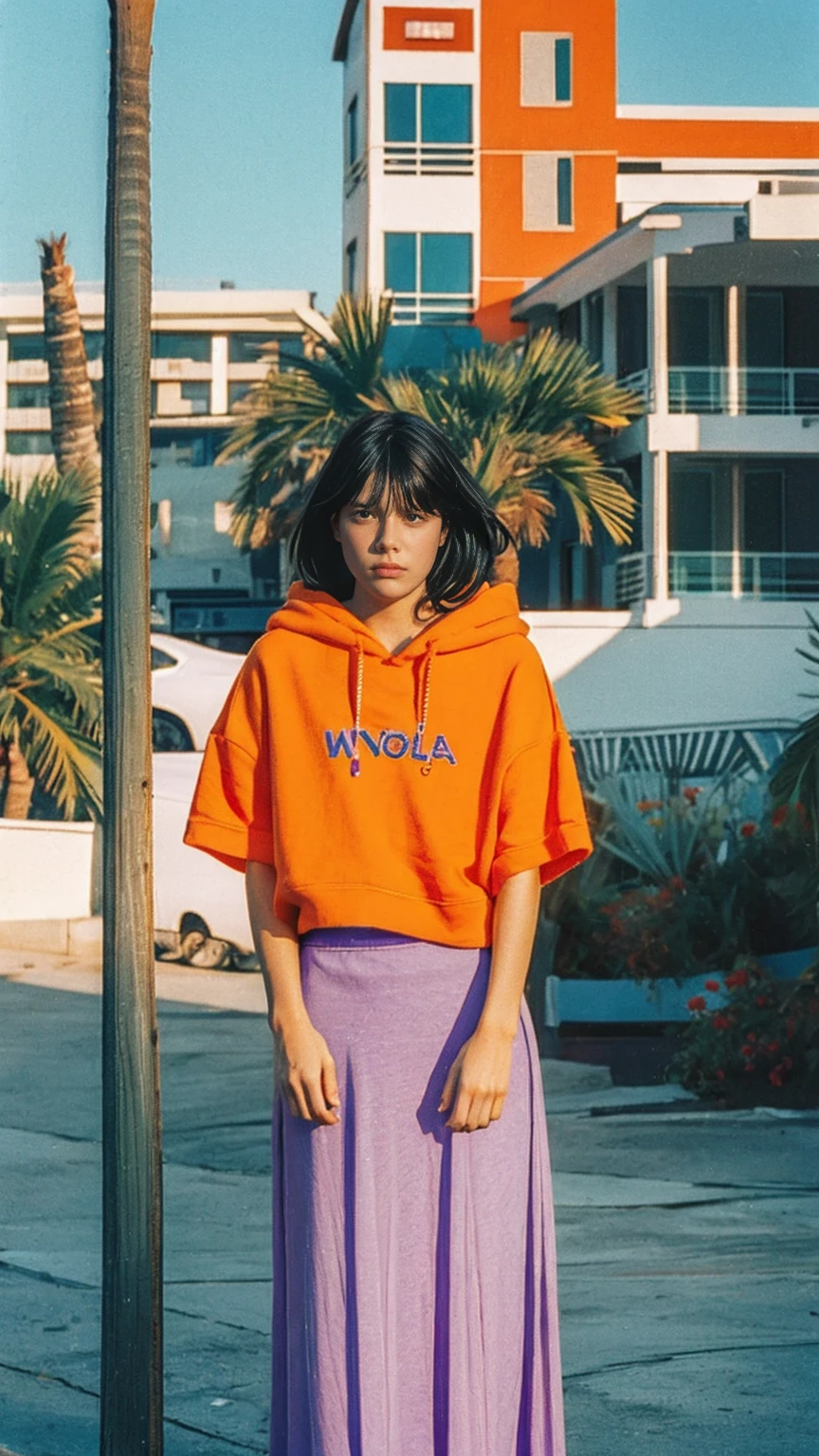 analog film photo cinematic photograph long shot portraits by Wes Anderson, cute 23 yo girl ,fokus, bokeh ,wear ((orange color oversized_hoodie)), wear ((purple tennis skirt)),looking front,Best Quality,Masterpiece,Ultra High Resolution,(Realisticity:1.4),Original Photo, 1Girl, light leak,ultra high resolution,UHD,beautiful, (black bob hair), almond eye, no makeup, in front of (80's mondrian architecture motel), (realistic:1.2), (surreal:1.3), (very detailed:1.1), ((masterpiece)),summer, blue sky, palm trees,sunny, los angles vibes,film camera, 800mm lens,style of Philip Lorca diCorcia