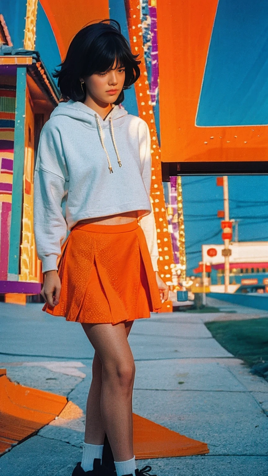 analog film photo cinematic photograph long shot portraits by Wes Anderson, cute 23 yo girl ,fokus, bokeh ,wear ((orange color oversized_hoodie)), wear ((purple tennis skirt)),looking front,Best Quality,Masterpiece,Ultra High Resolution,(Realisticity:1.4),Original Photo, 1Girl, light leak,ultra high resolution,UHD,beautiful, (black bob hair), almond eye, no makeup, in front of (80's mondrian architecture motel), (realistic:1.2), (surreal:1.3), (very detailed:1.1), ((masterpiece)),summer, blue sky, palm trees,sunny, los angles vibes,film camera, 800mm lens,style of Philip Lorca diCorcia