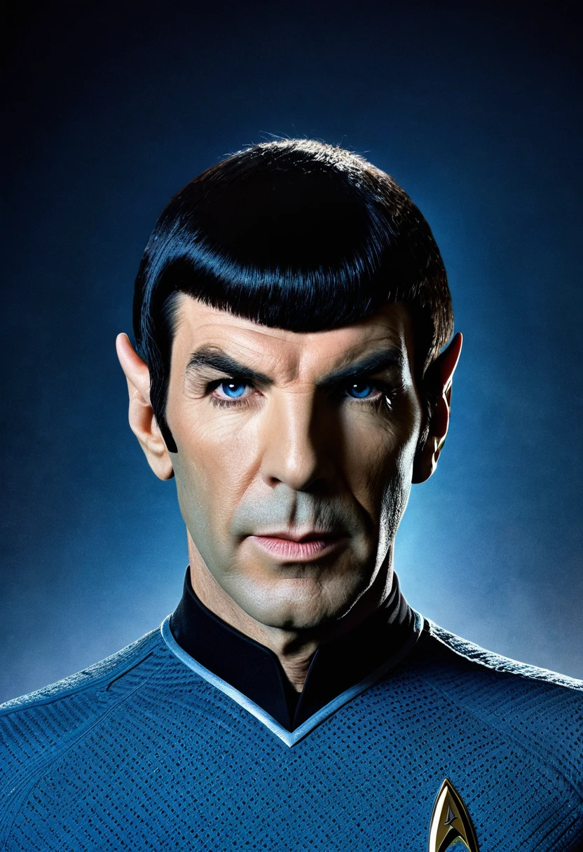 A portrait of "Star Trek's" Spock whose facial features are a combo of Ethan Peck + Zachary Quinto + Leonard Nimoy. Spock wears his TOS Starfleet uniform consisting of a blue shirt and black pants and black boots. "Star Trek" setting. Symmetrical eyes. Symmetrical face. Great details. Photorealistic. Full-colored photo. Professional photo. Highly detailed 8K.