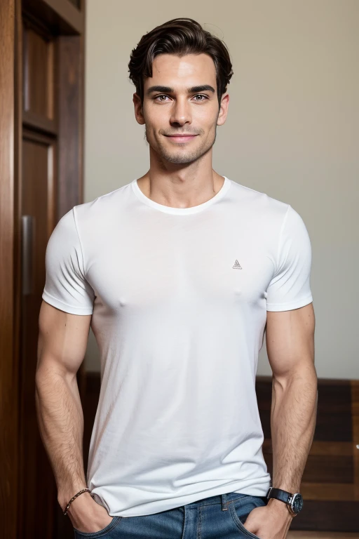 A man in white undervest and were underwear full body photo