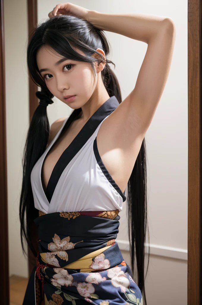 (Japanese sword &reference;Muramasa 2&reference;.0)Beautiful 27 year old woman、Tie your hair back、Hair ornament artist、Warrior、Clear Eyes、Arm tattoo、Warrior、(Japanese swordを両手で構える、1.2)(Japanese sword)Middle posture、One sword and two cuts realistic fighting scene、敵Warriorの返りBlood、Blood、
