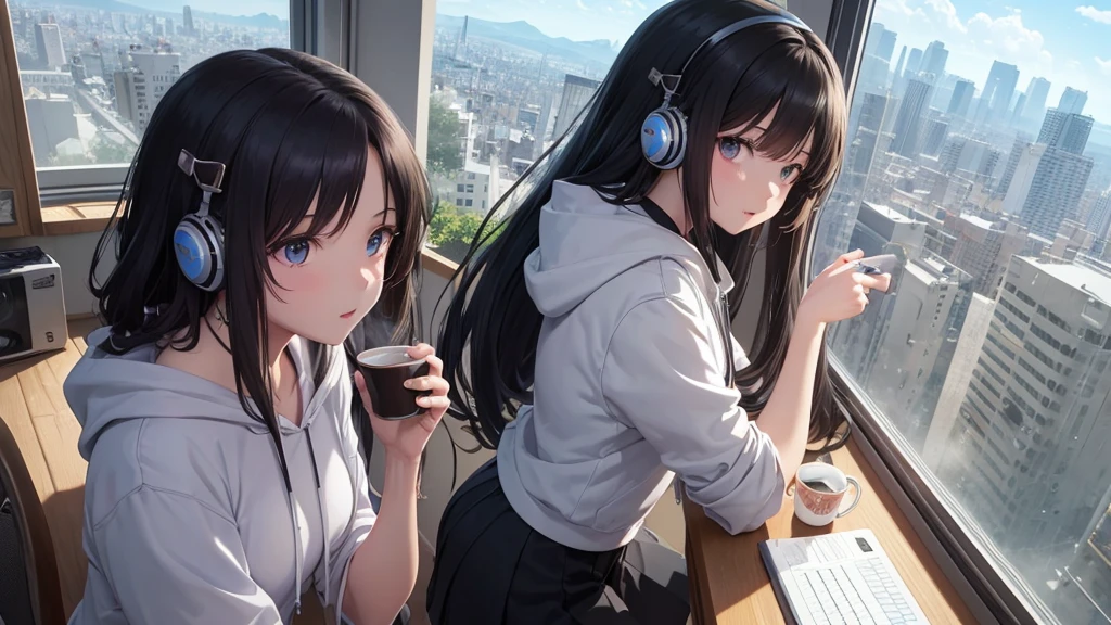 Absurd, Ultra-high resolution, (Official Art, beautifully、mysterious:1.2), Anime Art Wallpaper, 8K, Works by Makoto Xin Haicheng, Lofi Art Style, Correct human body composition, Striking eyes, Oversized hoodie and short skirt, Shiny long black hair, Larger than average bust, Girl listening to music with headphones, Looking out the window, Coffee on the desk, lo-fi girl, Anime atmosphere, Anime Aesthetics, Lo-fi feel, City Room, Teenage Girl's Room, A room for music lovers, city view from the window, Impressive cityscape, Bright Sky