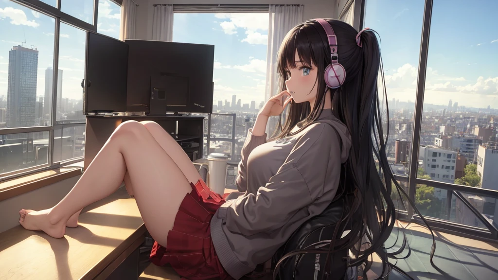 Absurd, Ultra-high resolution, (Official Art, beautifully、mysterious:1.2), Anime Art Wallpaper, 8K, Works by Makoto Xin Haicheng, Lofi Art Style, Correct human body composition, Striking eyes, Oversized hoodie and short skirt, Shiny long black hair, Larger than average bust, Girl listening to music with headphones, Looking out the window, Coffee on the desk, lo-fi girl, Anime atmosphere, Anime Aesthetics, Lo-fi feel, City Room, age Girl's Room, A room for music lovers, city view from the window, Impressive cityscape, Bright Sky