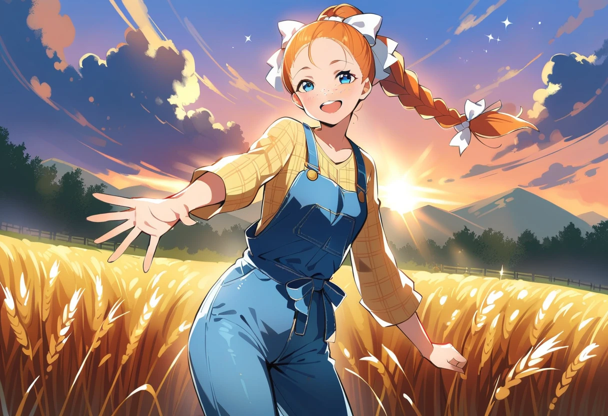 pewarnaan character, visual illustration, @ANN, ann \(harvest moon\), ran \(bokujou monogatari\), aged up, 1girl, solo, ponytail, braid, braided ponytail, single braid, forehead, solo, (overalls), outdoors, sky, wheat, field, (blue overalls), smile, blue eyes, wheat field, looking at viewer, breasts, long sleeves, yellow shirt, orange hair, blonde hair, cowboy shot, collarbone, collared shirt, cleavage, denim, upper teeth only, medium breasts, standing, teeth, oversized clothes, long hair, partially unbuttoned, pants, oversized shirt, buttons, head tilt, flat chest, hair bow, white bow, tomboy, round teeth, plaid shirt, denim overalls, mature female, tall, tall female, slim body, freckles, twilight, cloudy sky, scenery, reaching, grass, floating braid, sunset, cloud, scenery, jeans, bow, hair ribbon, sparkle, sunbeam, light rays, highres, 4k, 8k