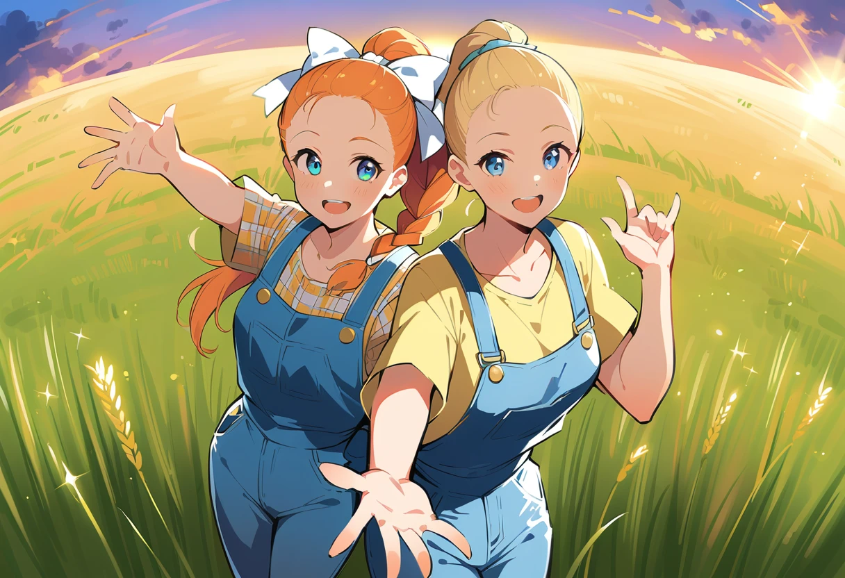 pewarnaan character, visual illustration, @ANN, ann \(harvest moon\), ran \(bokujou monogatari\), aged up, 1girl, solo, ponytail, braid, braided ponytail, single braid, forehead, solo, (overalls), outdoors, sky, wheat, field, (blue overalls), smile, blue eyes, wheat field, looking at viewer, breasts, long sleeves, yellow shirt, orange hair, blonde hair, cowboy shot, collarbone, collared shirt, cleavage, denim, upper teeth only, medium breasts, standing, teeth, oversized clothes, long hair, partially unbuttoned, pants, oversized shirt, buttons, head tilt, flat chest, hair bow, white bow, tomboy, round teeth, plaid shirt, denim overalls, mature female, tall, tall female, slim body, freckles, twilight, cloudy sky, scenery, reaching, grass, floating braid, sunset, cloud, scenery, jeans, bow, hair ribbon, sparkle, sunbeam, light rays, highres, 4k, 8k