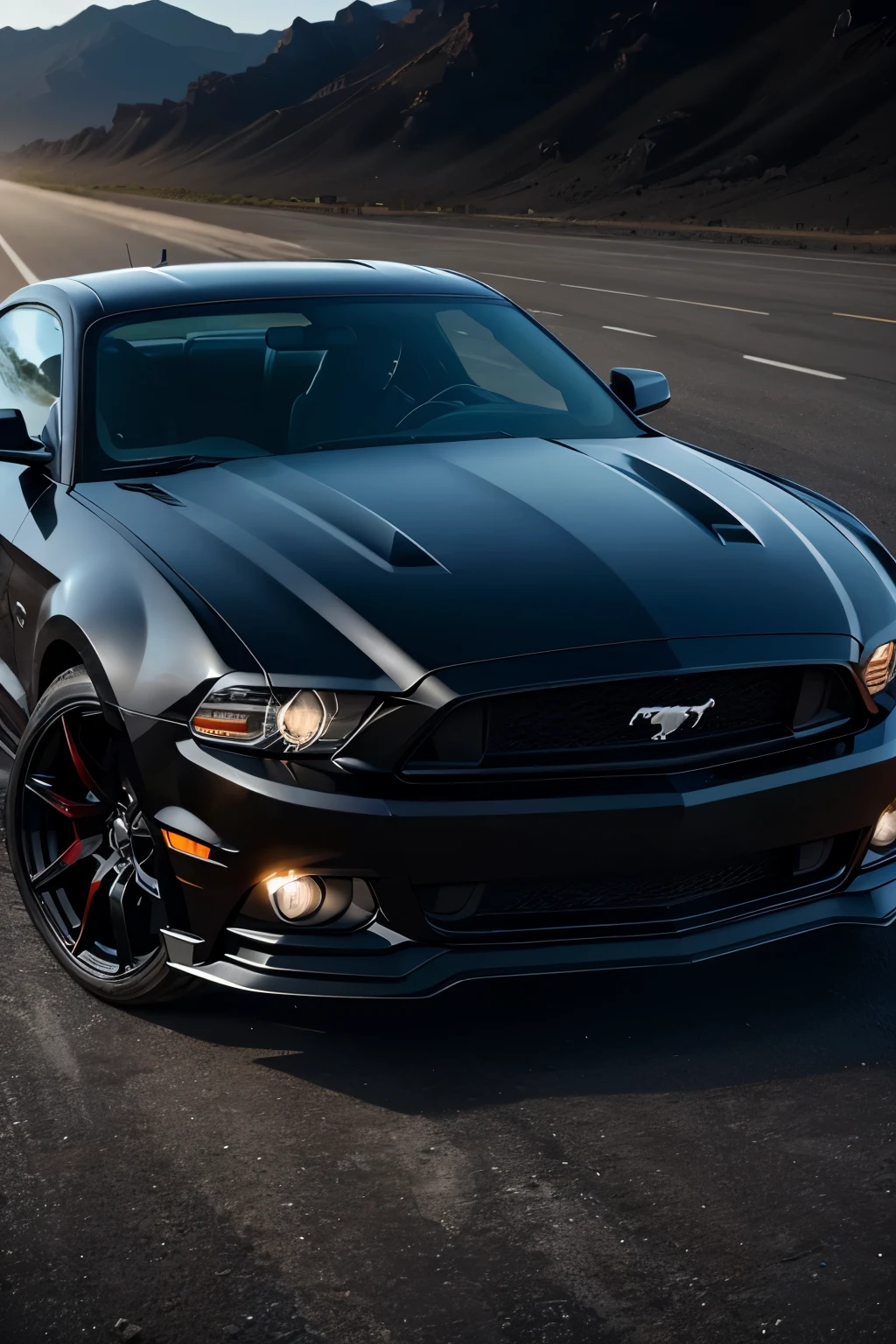 A realistic image of a menacing 2013 black Mustang GT, the S197 model, showcases its glossy black finish against the scorching summer background. The car's menacing aura is accentuated by its tinted windows, immaculate black rims, and the "murdered out" styling. The Mustang's powerful presence is emphasized in the full-shot highlighting its muscular form and black rims, creating a high-definition image that shines at an impressive 8K resolution.