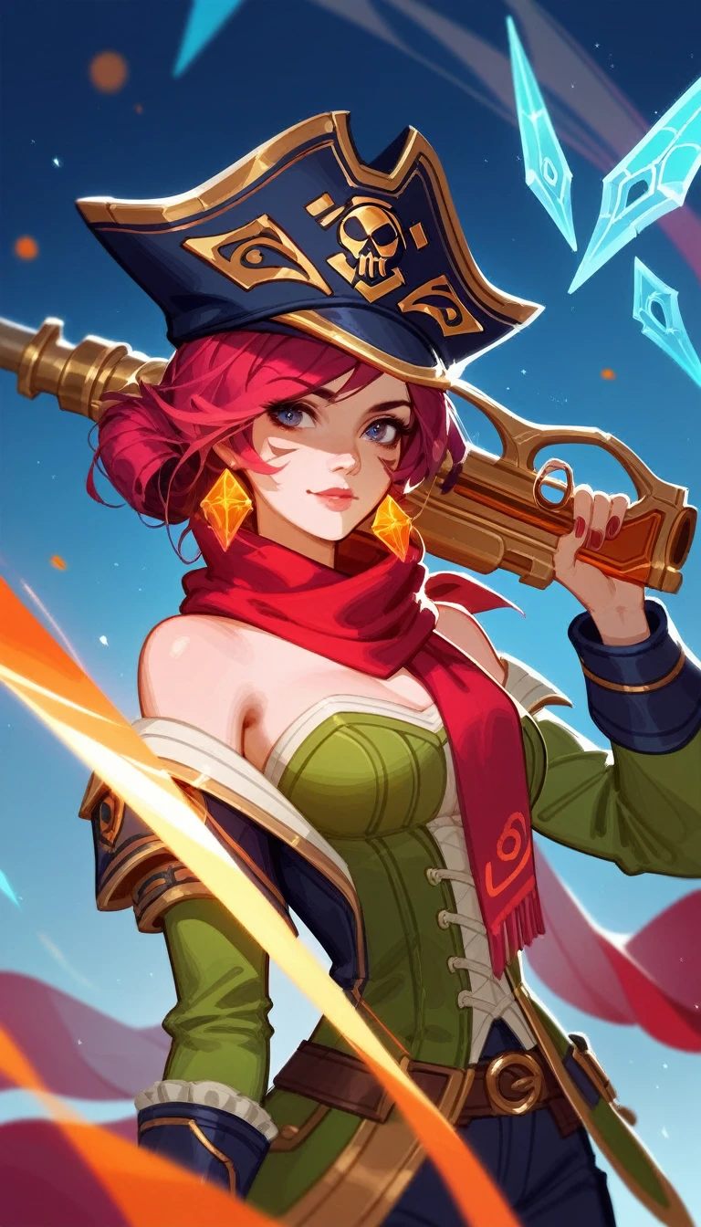 (Fraction_9,Fraction_8_Direction_7_up),(1 woman),Female Pirate,hat,Off-shoulder,scarf,curls,Black monocular,Holding a gun, doom league of legends, doom, League of Legends Characters art, 英雄联盟Style Art, Style Art, Game concept art, League of Legends concept art, League of Legends art style, League of Legends Characters, Artjem and Louis van Baarle, Character ink art