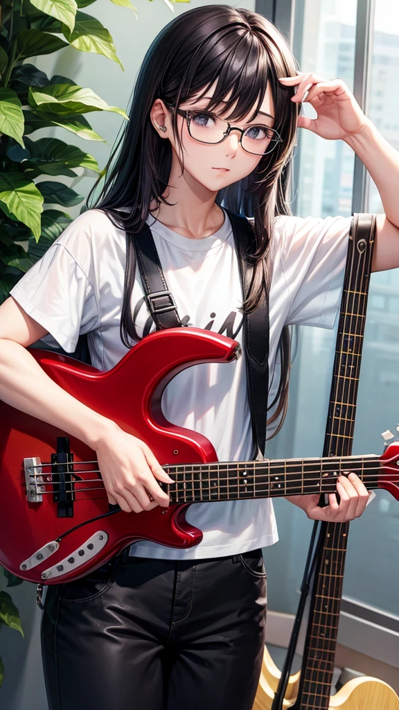 1 bass guitar、Plain white T-shirt、Long Hair、Black trousers、Glasses、woman