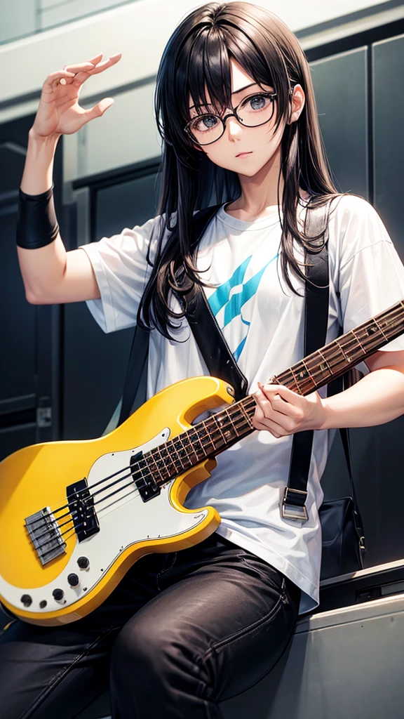 1 bass guitar、Plain white T-shirt、Long Hair、Black trousers、Glasses、woman
