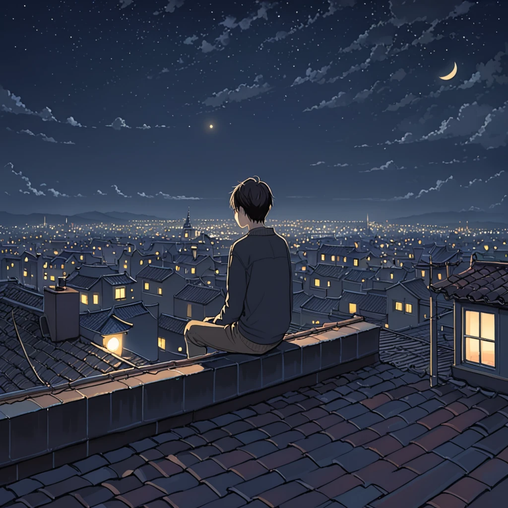 On the rooftop late at night，A young boy alone。The night covers every corner of the city，The starry sky is twinkling with a faint light，Peaceful and mysterious。Silence on the rooftop，There is only the gentle sound of the breeze blowing。Boy sitting on the edge of the rooftop，Looking into the misty night，As if thinking about some profound questions or fragments of the past。The lights of the city dot the night sky in the distance，Adds a touch of warmth and vitality to this quiet night