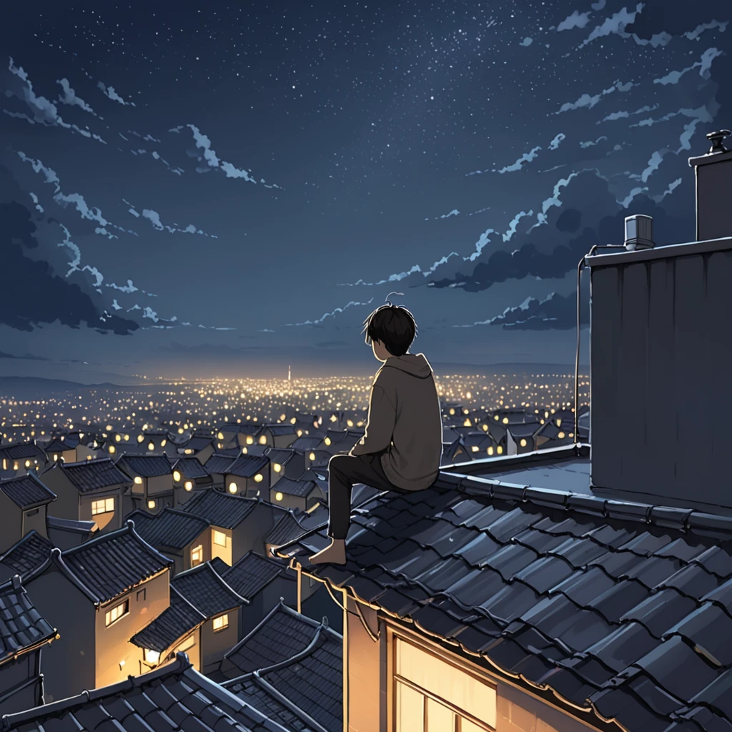 On the rooftop late at night，A young boy alone。The night covers every corner of the city，The starry sky is twinkling with a faint light，Peaceful and mysterious。Silence on the rooftop，There is only the gentle sound of the breeze blowing。Boy sitting on the edge of the rooftop，Looking into the misty night，As if thinking about some profound questions or fragments of the past。The lights of the city dot the night sky in the distance，Adds a touch of warmth and vitality to this quiet night