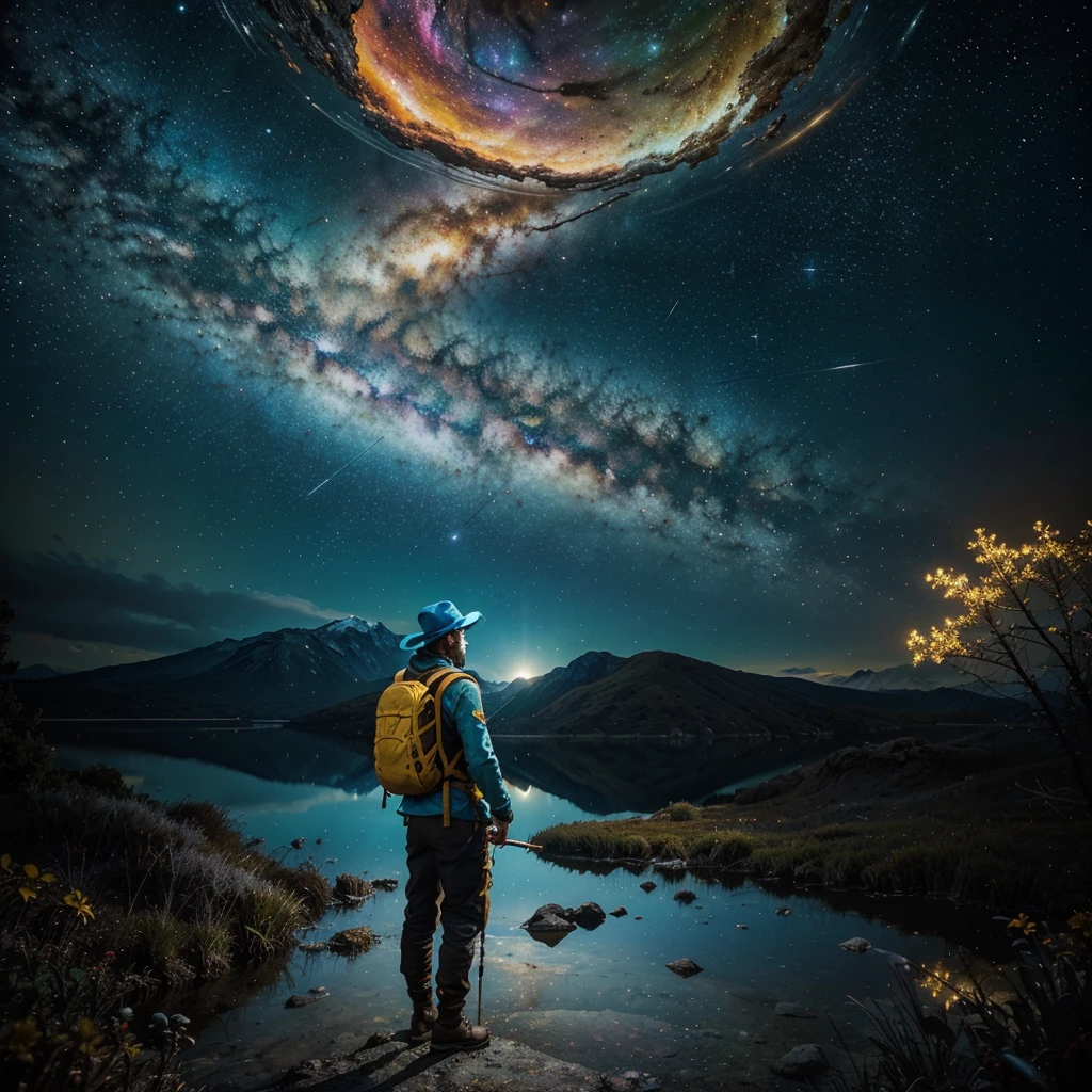 Generate an image of an adventurer man wearing yellow clothes and holding a paintbrush and palette. Equip him with an adventurer-like hat and backpack, adding to his adventurous appearance. Set him in an unconventional and fantastical world, such as a surreal dreamscape where colors swirl and merge into fantastic shapes, or a cosmic landscape where stars and galaxies become part of his artistic canvas. Infuse the image with elements of wonder and creativity, showcasing his adventurous spirit and artistic vision in a unique and captivating environment. Capture the essence of exploration and imagination, creating a visually stunning and imaginative scene.