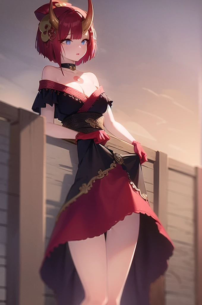 (masterpiece, best quality:1.2), intricate details, blood moon evelynn, 1girl, oni horns, japanese clothes, choker, cleavage, hair ornament, mask