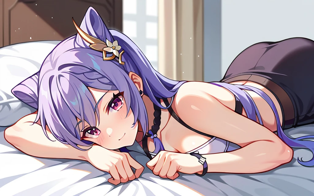 score_9, score_8_up, score_7_up, score_6_up, score_5_up, score_4_up, source_anime, BREAK a cool woman,keqing from \(genshin impact\)，(lying on a bed,open her legs,White panties,look at you,(perfect face:2),small breasts),cool color,masterpiece,high detail,attractive body,good pose,solo,(perfect face),(cool pose:2),(vivid_expression:2),lively,(artistic),source_anime