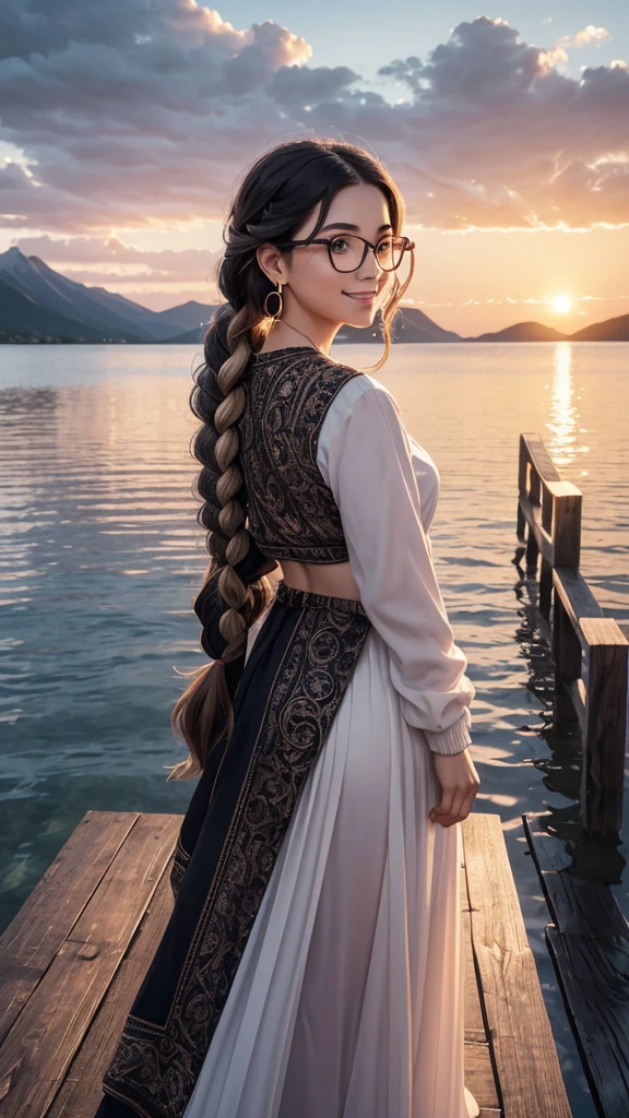 1 girl, blush, Closed mouth, earrings, parts, gradient, jewelry, wide, long sleeves, looking at the viewer, Alone, twin braids, Upper part of the body, Black frame glasses, seductive smile, wind, by the floating, wavy fur, light smile, from behind, Back,
Masterpiece, Best Quality, intricate details,sunset,
a wooden dock leading to a lake with a mountain in the Background at sunset or dawn with clouds in the sky, lake, a picture, neo-romanticismvvWhite skin
1 girl, blush, Closed mouth, earrings, parts, gradient, jewelry, wide, long sleeves, looking at the viewer, Alone, twin braids, Upper part of the body, Black frame glasses, seductive smile, wind, by the floating, wavy fur, light smile, from behind, Back,
Masterpiece, Best Quality, intricate details,sunset,
a wooden dock leading to a lake with a mountain in the Background at sunset or dawn with clouds in the sky, lake, a picture, neoromanticismWhite skinWhite skin