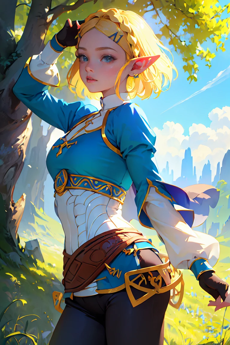 ((Masterpiece, top quality, high resolution)), ((highly detailed CG unified 8K wallpaper)), 1girl, Princess Zelda, short hair, crown braid, hairclip, pointy ears, brown cape, blue shirt, puffy sleeves, long sleeves, fingerless gloves, black gloves, black pants, tight pants, aazelda, long hair, crown braid, hairclip, pointy ears, blue shirt, long sleeves, fingerless gloves, black gloves, black pants, tight pants sweating, outdoors, grass, meadow, cliffs, stony,