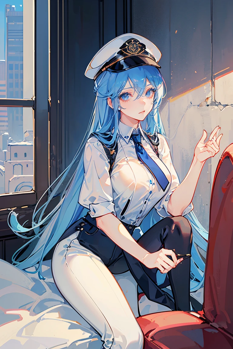 (masterpiece), best quality, seductive eyes, mature woman, blue eyes, long blue hair, long eyelashes, white shirt, black pants, peaked cap, big breast, anime cover, 1girl