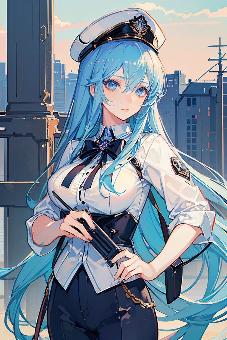 (masterpiece), best quality, seductive eyes, mature woman, blue eyes, long blue hair, long eyelashes, white shirt, black pants, peaked cap, big breast, anime cover, 1girl
