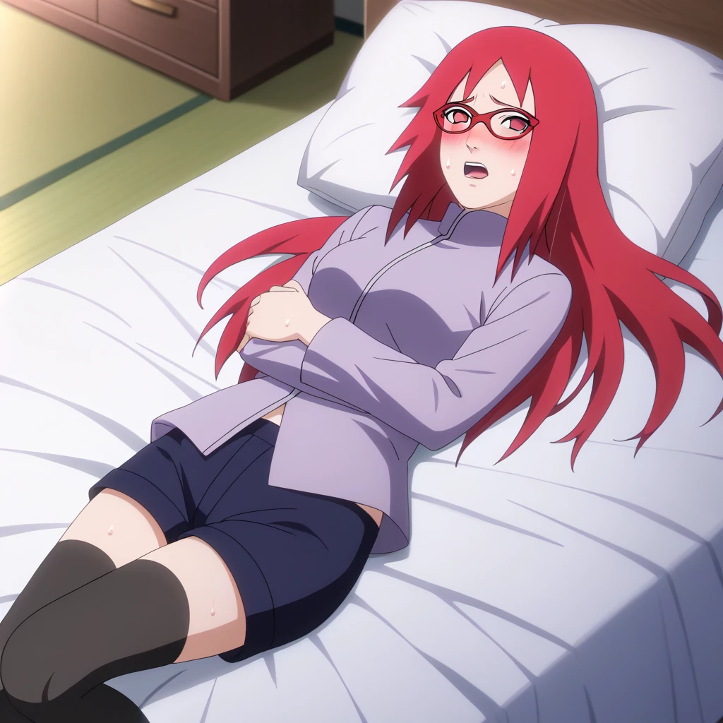 Red hair, 1 Girl, Glasses, Long hair, Red Eyes, Solitary, Long gown, Black over-the-knee stockings, 黑色shorts, Umbilical cord, Looking at the audience，No students, Japanese cartoons screencap, Japanese cartoons coloring,src_Japanese cartoons,Naruto \(series\), Naruto shippuuden,（（blush，nervous，Vision，））masterpiece， absurd ， （Intricate details）， （Colorful）， light， Extremely detailed CG unity 8k wallpaper ，1 Girl， solo，（shy，In the hotel，Lying on the bed，night，blush，nervous，Sweating，蕾丝dress， ），sweat，blush，blush1.5，Blush，Medium chest，（（dress，Black stockings，luxurious hotel，night，）），（dress，Lying in bed，Uncomfortable expression，Mouth open，spit），（（Vest，shorts，bookshelf，））