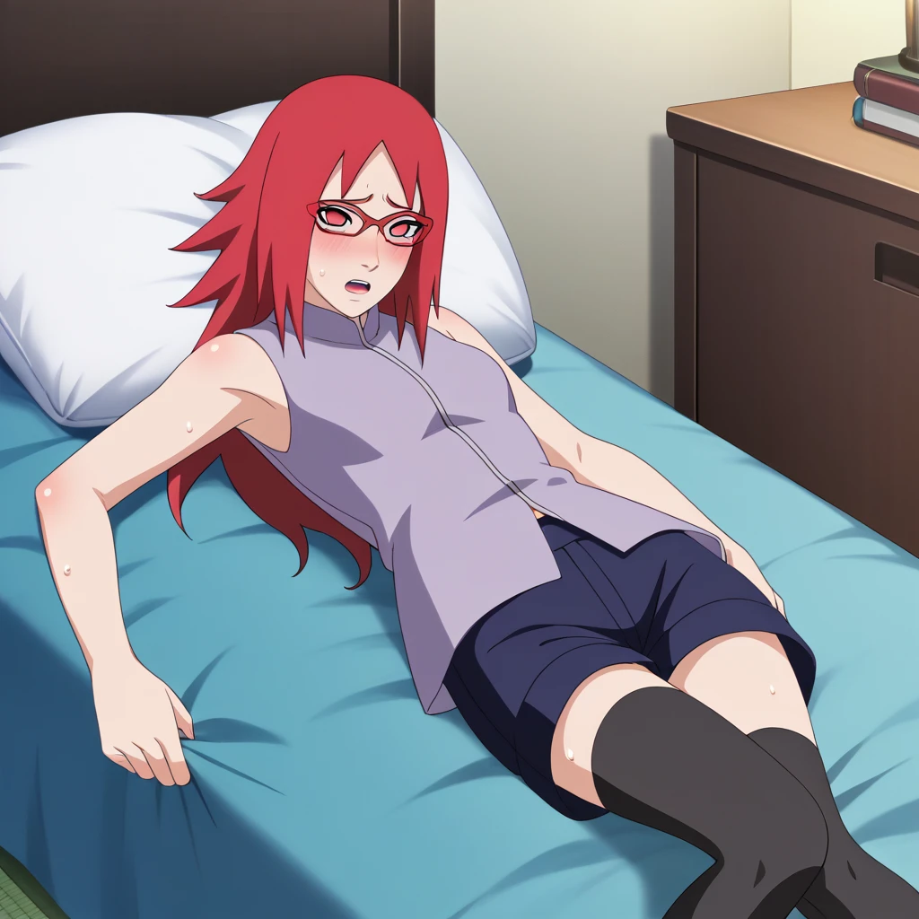 Red hair, 1 Girl, Glasses, Long hair, Red Eyes, Solitary, Long gown, Black over-the-knee stockings, 黑色shorts, Umbilical cord, Looking at the audience,No students, Japanese cartoons screencap, Japanese cartoons coloring,src_Japanese cartoons,Naruto \(series\), Naruto shippuuden,((blush,nervous,Vision,))masterpiece, absurd , (Intricate details), (Colorful), light, Extremely detailed CG unity 8k wallpaper ,1 Girl, solo,(shy,In the hotel,Lying on the bed,night,blush,nervous,Sweating,蕾丝dress, ),sweat,blush,blush1.5,Blush,Medium chest,((dress,Black stockings,luxurious hotel,night,)),(dress,Lying in bed,Uncomfortable expression,Mouth open,spit),((Vest,shorts,bookshelf,))