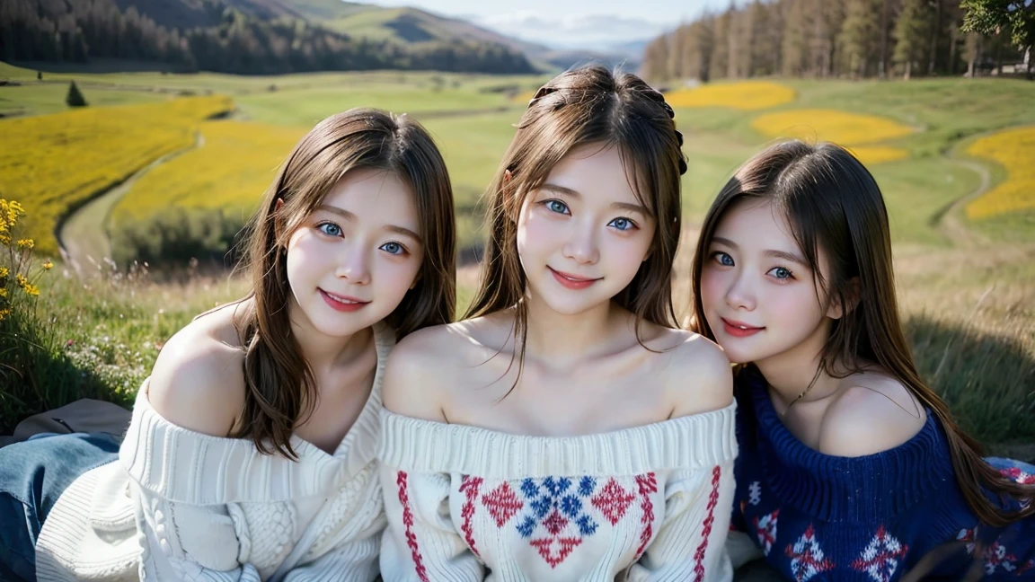 (3 girls), Young faceอินโดนีเซีย, ,smile, white skin, Round breast, blue eyes,((Wear a red off-the-shoulder sweater.))Masterpiece, Highest quality, 8K, beautiful girl, Young face、 photography, Cute face, thigh,In the meadow, Embarrassing、รอยsmile、((((((อายุ 12 yearsmall waist、 ((Busty breasts))