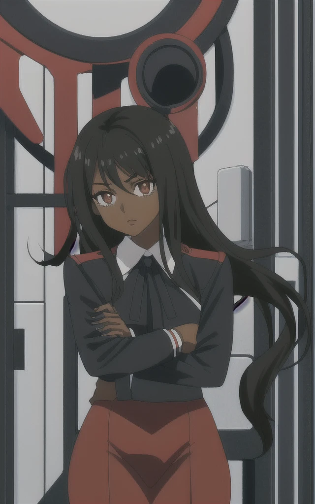 90s anime black skinned business girl in a red skirt suit with a blouse underneath