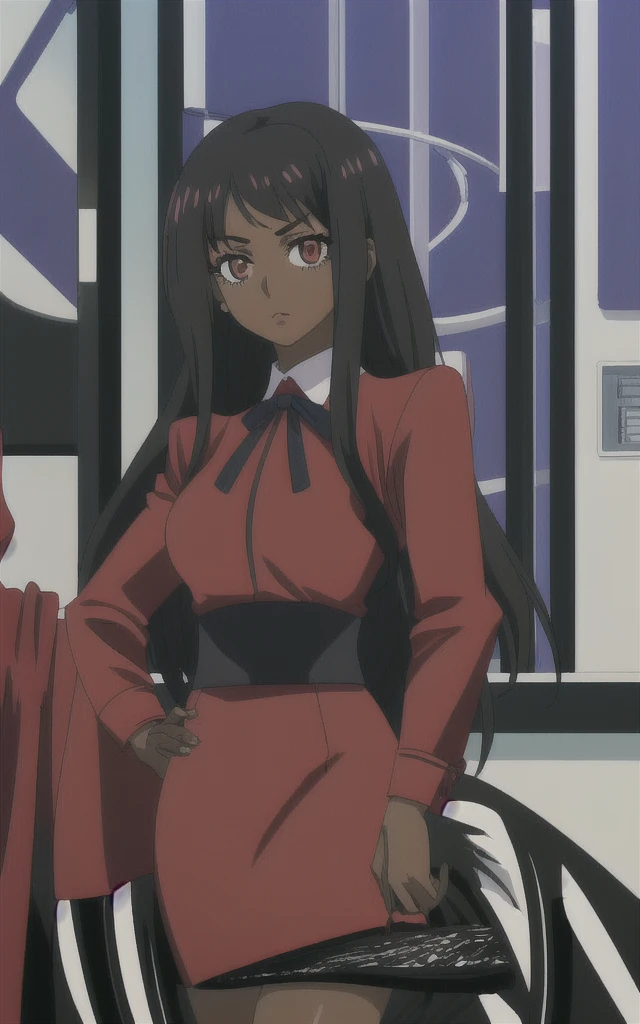 90s anime  black skinned business girl  in a red skirt suit with a blouse underneath 