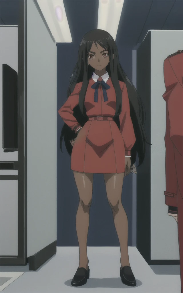 90s anime black skinned business girl in a red skirt suit with a blouse underneath