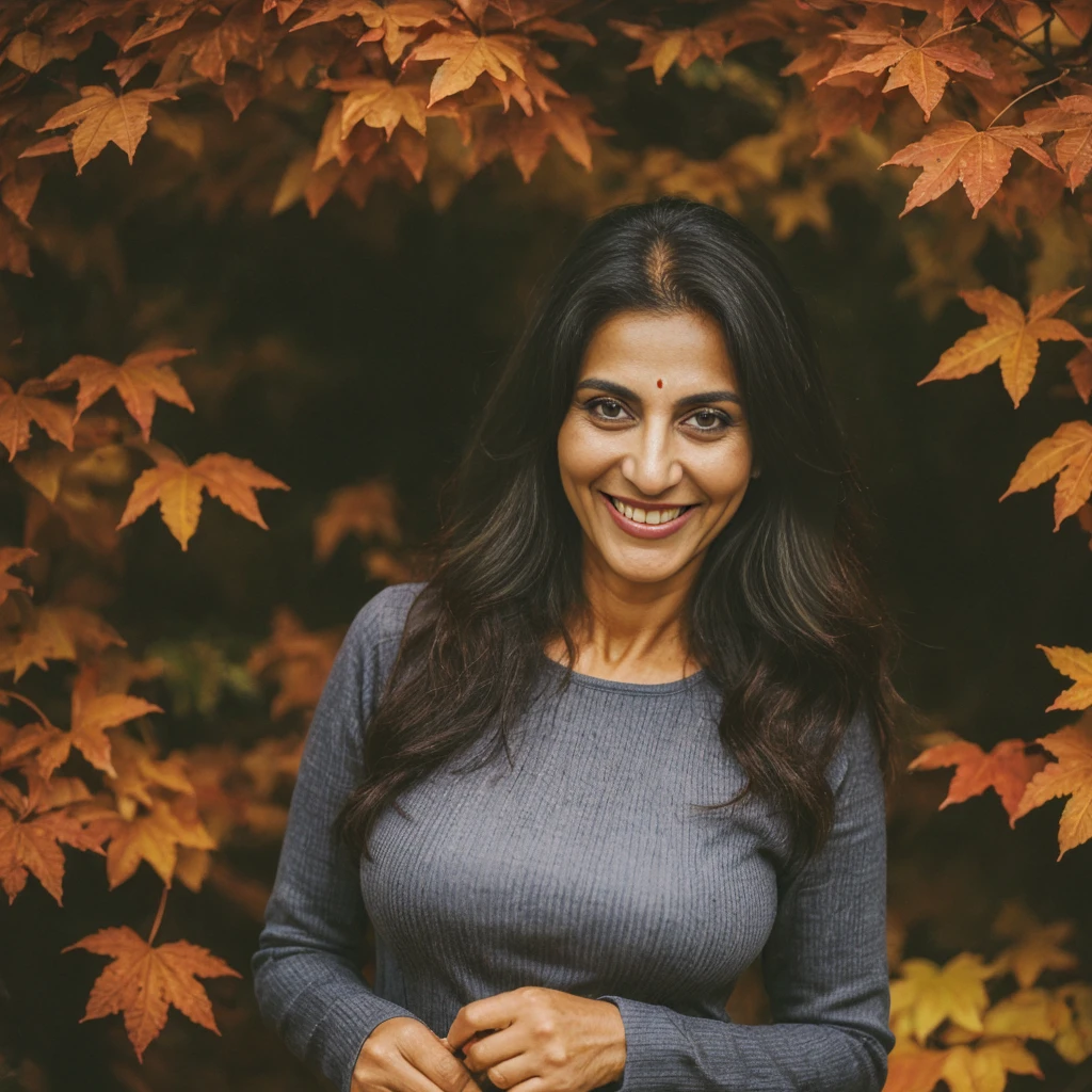 Rayuji, 1girl, ((50-year-old slim Iranian woman)), (((MILF))), ((50 years old)), (((old woman))), grandmother, (((mature woman))), ((body texture of a 50-year-old woman)), ((wrinkles on face)), ((visible eyebags)), cleavage, ((deep brown skin tone)), ((long wavy dark brown hair), ((wearing summer dress outside overlooking the Autumn in Canada)), (((upper body and upper legs))), (((slim))), standing, autumn leaves, ((weird smile))