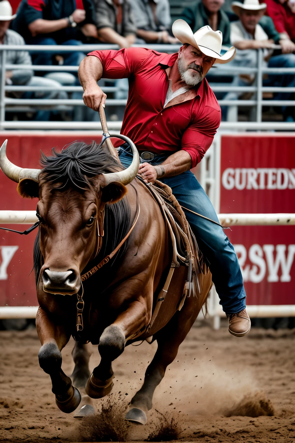 A man, distinguished by close-cropped white hair, is captured in mid-ride on a colossal bull. His muscular physique is a testament to his strength, and his expression portrays a fierce intensity that mirrors the bull's ferociousness. The man is clad in a vivid red shirt, the color contrasting starkly against the dusty, earthy tones of the rodeo arena. The image is shot in a RAW style, showcasing the intricate details of the man's wrinkled skin and the bull's textured hide. The cinematic light, falling from the side, creates dramatic shadows and highlights, accentuating the raw intensity of