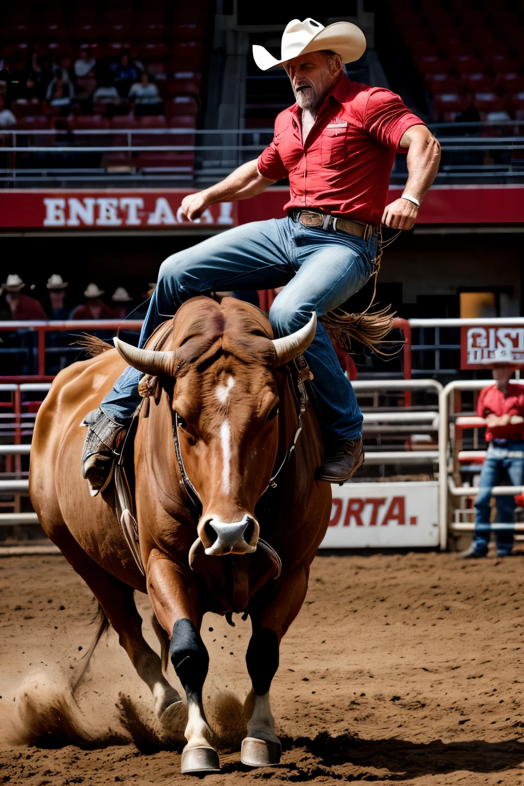 A man, distinguished by close-cropped white hair, is captured in mid-ride on a colossal bull. His muscular physique is a testament to his strength, and his expression portrays a fierce intensity that mirrors the bull's ferociousness. The man is clad in a vivid red shirt, the color contrasting starkly against the dusty, earthy tones of the rodeo arena. The image is shot in a RAW style, showcasing the intricate details of the man's wrinkled skin and the bull's textured hide. The cinematic light, falling from the side, creates dramatic shadows and highlights, accentuating the raw intensity of