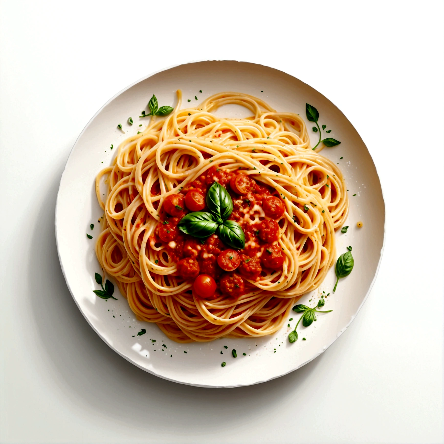 there is a huge extremely delicious spaghetti, illustration, isolated with solid white background, surrounded with negative space, centered compositon, 8k, highly detailed painting, very precise painting, Isolated, clear brilliant white background, perspective angle of view, realistic