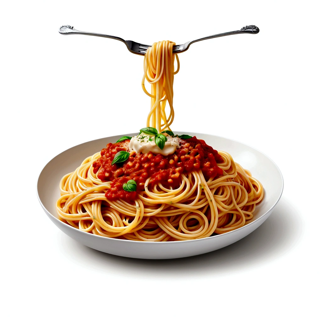 there is a huge extremely delicious spaghetti,  illustration, isolated with solid white background, surrounded with negative space, centered compositon, 8k, highly detailed painting, very precise painting, Isolated, clear brilliant white background, perspective angle of view, realistic